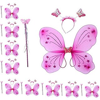                       Kaku Fancy Dresses Magenta Pink Butterfly Wings With Hairband and Wand Stick For Girls - Pack of 10                                              