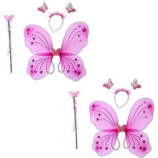                       Kaku Fancy Dresses Girls Butterfly Wings With Hairband And Wand Stick, Pack of 2 (Magenta, Pink)                                              