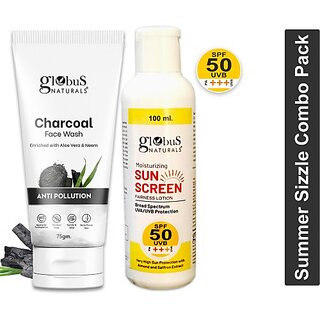 Globus Naturals Summer Sizzle Set - Sunscreen Lotion SPF 50++ 100 ml Charcoal Face Wash 75 gm (2 Items in the set) Globus Naturals Summer Sizzle Set - Sunscreen Lotion SPF 50++ 100 ml Charcoal Face Wash 75 gm (2 Items in the set)