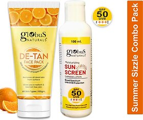 Globus Naturals Summer Sizzle Set - Sunscreen Lotion SPF 50++ 100ml & De Tan Face Pack 100 gm