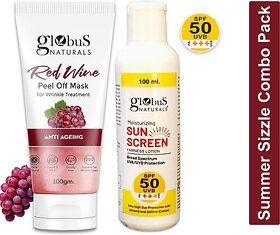 Globus Naturals Summer Sizzle Set - Sunscreen Lotion SPF 50++ 100ml & Redwine Peel Off Mask 100 gm