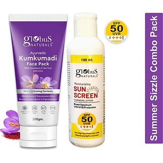 Globus Naturals Summer Sizzle Set - Sunscreen Lotion SPF 50++ 100 ml Kumkumadi Face Pack 100 gm (2 Items in the set) Globus Naturals Summer Sizzle Set - Sunscreen Lotion SPF 50++ 100 ml Kumkumadi Face Pack 100 gm (2 Items in the set)