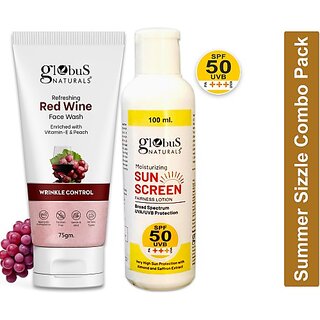 Globus Naturals Summer Sizzle Set - Sunscreen Lotion SPF 50++ 100 ml Red Wine Face Wash 75 gm (2 Items in the set) Globus Naturals Summer Sizzle Set - Sunscreen Lotion SPF 50++ 100 ml Red Wine Face Wash 75 gm (2 Items in the set)
