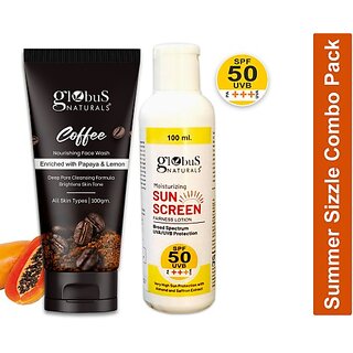 Globus Naturals Summer Sizzle Set Sunscreen Lotion SPF 50 100ml Coffee Face Wash 100g 2 Items in the set Globus Naturals Summer Sizzle Set Sunscreen Lotion SPF 50 100ml Coffee Face Wash 100g 2 Items in the set