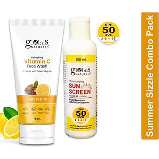                       Globus Naturals Summer Sizzle Set - Sunscreen Lotion SPF 50++ 100ml & Vitamin C Face Wash 75 gm                                              