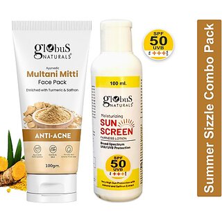                       Globus Naturals Summer Sizzle Set - Sunscreen Lotion SPF 50++ 100 ml & Multani Mitti Face Pack 100 gm (2 Items in the set)                                              