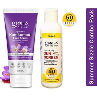                       Globus Naturals Summer Sizzle Set - Sunscreen Lotion SPF 50++ 100 ml  Kumkumadi Face Scrub 100gm (2 Items in the set)                                              