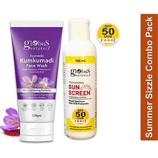                       Globus Naturals Summer Sizzle Set - Sunscreen Lotion SPF 50++ 100ml & Kumkumadi Face Wash 100 gm                                              