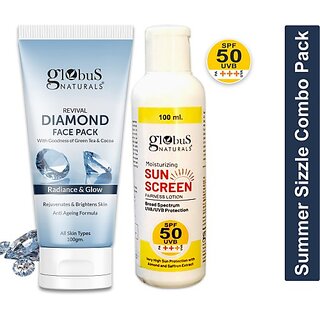 Globus Naturals Summer Sizzle Set - Sunscreen Lotion SPF 50++ 100 ml Diamond Face Pack 100 gm (2 Items in the set) Globus Naturals Summer Sizzle Set - Sunscreen Lotion SPF 50++ 100 ml Diamond Face Pack 100 gm (2 Items in the set)