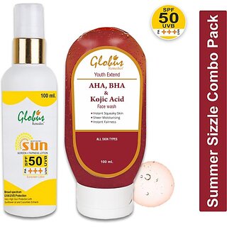 Globus Remedies Summer Sizzle Set - Sunscreen Lotion SPF 50++ 100 ml AHA BHA Face Wash 100 ml (2 Items in the set) Globus Remedies Summer Sizzle Set - Sunscreen Lotion SPF 50++ 100 ml AHA BHA Face Wash 100 ml (2 Items in the set)