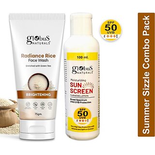                       Globus Naturals Summer Sizzle Set - Sunscreen Lotion SPF 50++ 100ml & Radiance Rice Face Wash 75 gm                                              