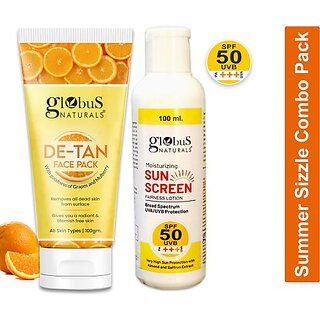 Globus Naturals Summer Sizzle Set - Sunscreen Lotion SPF 50++ 100ml & De Tan Face Pack 100 gm Globus Naturals Summer Sizzle Set - Sunscreen Lotion SPF 50++ 100ml & De Tan Face Pack 100 gm