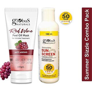 Globus Naturals Summer Sizzle Set - Sunscreen Lotion SPF 50++ 100ml & Redwine Peel Off Mask 100 gm Globus Naturals Summer Sizzle Set - Sunscreen Lotion SPF 50++ 100ml & Redwine Peel Off Mask 100 gm