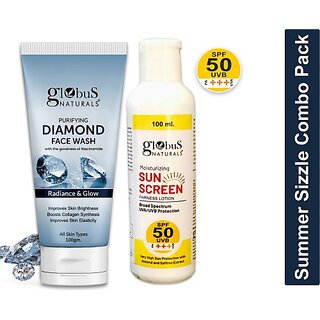 Globus Naturals Summer Sizzle Set - Sunscreen Lotion SPF 50++ 100 ml Diamond Face Wash 100g (2 Items in the set) Globus Naturals Summer Sizzle Set - Sunscreen Lotion SPF 50++ 100 ml Diamond Face Wash 100g (2 Items in the set)