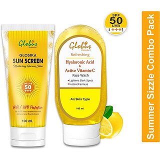 Globus Remedies Summer Sizzle Set - Glosika Sunscreen Lotion SPF 50++ 100 ml Vitamin C Hyaluronic Acid Face Wash 100 ml (2 Items in the set) Globus Remedies Summer Sizzle Set - Glosika Sunscreen Lotion SPF 50++ 100 ml Vitamin C Hyaluronic Acid Face Wash 100 ml (2 Items in the set)