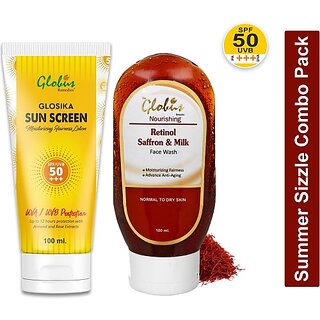 Globus Remedies Summer Sizzle Set - Glosika Sunscreen Lotion SPF 50++ 100 ml Retinol Saffron Milk Face Wash 100 ml (2 Items in the set) Globus Remedies Summer Sizzle Set - Glosika Sunscreen Lotion SPF 50++ 100 ml Retinol Saffron Milk Face Wash 100 ml (2 Items in the set)