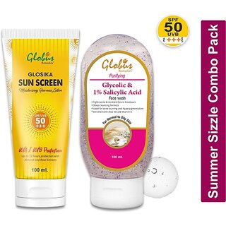 Globus Remedies Summer Sizzle Set - Glosika Sunscreen Lotion SPF 50++ 100 ml Glycolic 1 Salicylic Acid Face Wash 100 ml (2 Items in the set) Globus Remedies Summer Sizzle Set - Glosika Sunscreen Lotion SPF 50++ 100 ml Glycolic 1 Salicylic Acid Face Wash 100 ml (2 Items in the set)