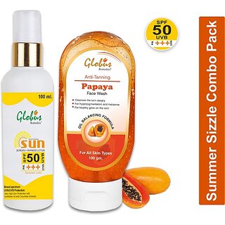                       Globus Remedies Summer Sizzle Set - Sunscreen Lotion SPF 50++ 100ml & Papaya Face Wash 100ml                                              