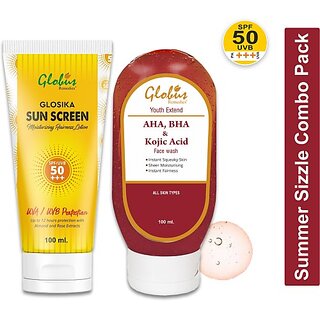 Globus Remedies Summer Sizzle Set - Glosika Sunscreen Lotion SPF 50++ 100 ml AHA BHA Face Wash 100 ml (2 Items in the set) Globus Remedies Summer Sizzle Set - Glosika Sunscreen Lotion SPF 50++ 100 ml AHA BHA Face Wash 100 ml (2 Items in the set)