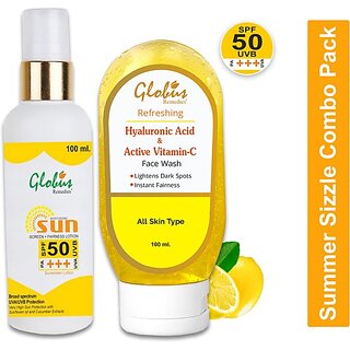 Globus Remedies Summer Sizzle Set-Sunscreen Lotion 100ml Hyaluronic Acid Face Wash 100ml (2 Items in the set) Globus Remedies Summer Sizzle Set-Sunscreen Lotion 100ml Hyaluronic Acid Face Wash 100ml (2 Items in the set)