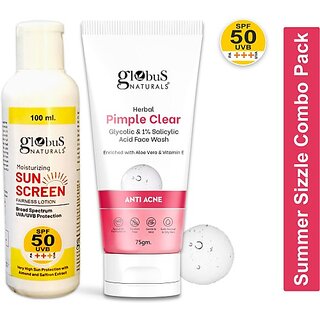                       Globus Naturals Summer Sizzle Set - Sunscreen Lotion SPF 50++ 100 ml  Herbal Pimple Clear Face Wash 75 gm (2 Items in the set)                                              