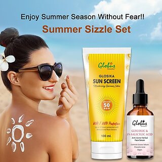 Globus Remedies Summer Sizzle Set - Glosika Sunscreen Lotion SPF 50++ 100 ml & Glycolic Face Serum 50 ml (2 Items in the set) Globus Remedies Summer Sizzle Set - Glosika Sunscreen Lotion SPF 50++ 100 ml & Glycolic Face Serum 50 ml (2 Items in the set)