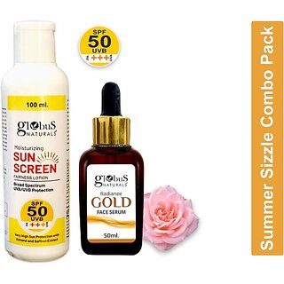                       Globus Naturals Summer Sizzle Set - Sunscreen Lotion SPF 50++ 100 ml  Gold Face Serum 50 ml (2 Items in the set)                                              