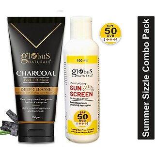 Globus Naturals Summer Sizzle Set - Sunscreen Lotion SPF 50++ 100 ml Charcoal Peel Off Mask 100 gm (2 Items in the set) Globus Naturals Summer Sizzle Set - Sunscreen Lotion SPF 50++ 100 ml Charcoal Peel Off Mask 100 gm (2 Items in the set)