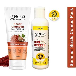 Globus Naturals Summer Sizzle Set - Sunscreen Lotion SPF 50++ 100 ml Kesar Chandan Peel Off Mask 100 gm (2 Items in the set) Globus Naturals Summer Sizzle Set - Sunscreen Lotion SPF 50++ 100 ml Kesar Chandan Peel Off Mask 100 gm (2 Items in the set)