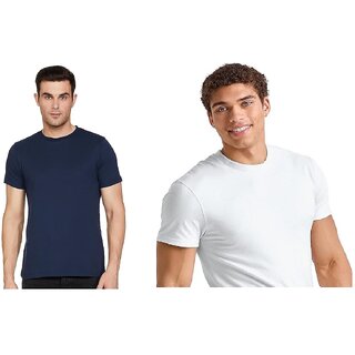                       Cotton Half Sleeve Round Neck T-Shirt for Men and Women - 1 Nevy Blue 1 White                                              