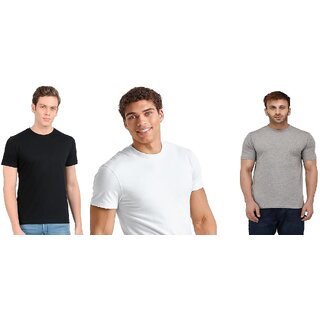                       Cotton Half Sleeve Round Neck T-Shirt for Men and Women - set of 3 White Black and Grey                                              
