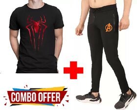 (Combo of 2 ) Spiderman Black Printed T-Shirt With Avenger Logo Printed Black Track Pants