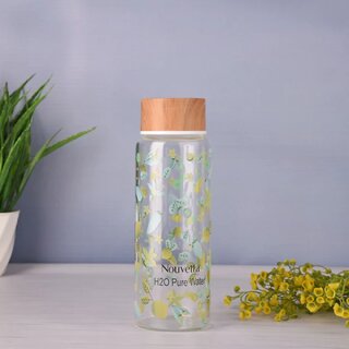                       Nouvetta Citrus Borosilicate Glass Printed Water Bottle with WOODEN LID,1000ml - (NB19411)                                              