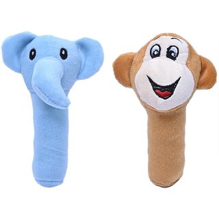                       Ohhbabies Baby Soft Elephant and Monkey Rattling Sound Toy - 9 cm  (Blue, Brown)                                              