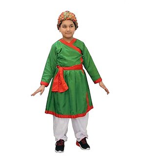                       Kaku Fancy Dresses Indian State Ethnic Rajasthani Angarkha With Dhoti  Pagadi For Rajasthani Folk Dance Costume - Green                                              