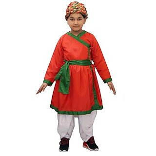                       Kaku Fancy Dresses Indian State Ethnic Rajasthani Angarkha With Dhoti  Pagadi For Rajasthani Folk Dance Costume - Red                                              