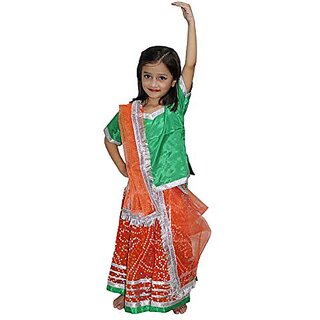                       Kaku Fancy Dresses Navratri Garba Dance Lehnga Set  Radha Lehenga Choli Dupatta Set For Girls - Orange  Green For Girl                                              