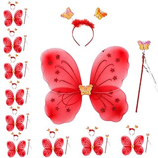                      Kaku Fancy Dresses Red Butterfly Wings With Hairband And Wand Stick For Girls - Pack of 10                                              