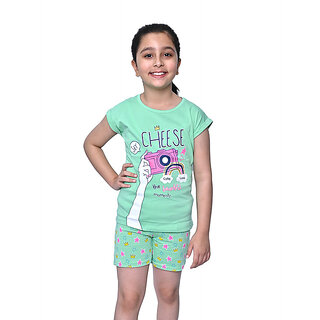                       Kid Kupboard Cotton Girls T-Shirt and Short Set, Light Green, Half Sleeves, 7-8 Years KIDS6154                                              