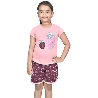                       Kid Kupboard Cotton Girls T-Shirt and Short Set, Multicolor, Half Sleeves, 7-8 Years KIDS6157                                              