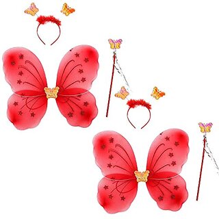 Kaku Fancy Dresses Red Butterfly Wings With Hairband And Wand Stick For Girls - Pack of 2 Kaku Fancy Dresses Red Butterfly Wings With Hairband And Wand Stick For Girls - Pack of 2