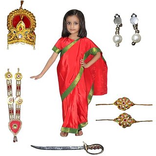                       Kaku Fancy Dresses Devi Durga Red Saree For Girls  Ready To Wear Saree  Mythological Godess Costume With Accessories                                              