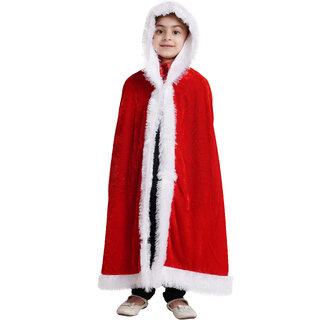                       Kaku Fancy Dresses Santa Cape, Robe, Hood For Christmas Day in Velvet Fabric - Red  White For Boy  Girls                                              