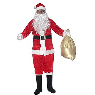                       Kaku Fancy Dresses Santa Claus Heavy Beard Set With Gum Boot, Specs  Glove For Christmas in Velvet Fabric - Red  White                                              