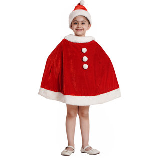                       Kaku Fancy Dresses Santa Cloak,Robe,Hood With Hat, Cap for Christmas Day in Velvet Fabric - Red  White For Boy  Girls                                              