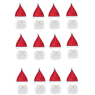                       Santa Clause Hat  Beard set of 12 for Christmas Theme Party - Red  White, FreeSize For Boys  Girls                                              