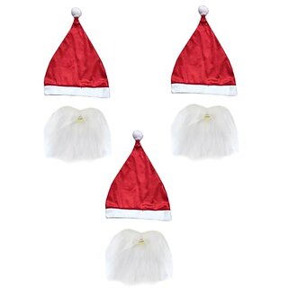                       Santa Clause Hat  Beard set of 3 for Christmas Theme Party - Red  White, FreeSize For Boys  Girls                                              