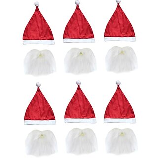                       Kaku Fancy Dresses Santa Clause Hat  Beard set of 6 For Christmas Theme Party - Red  White, FreeSize For Boys  Girls                                              