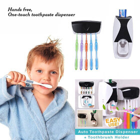 Plastic Wall Mounted Automatic Toothpaste Dispenser And 5 Toothbrush Holder Set For Home Bathroom