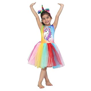                       Kaku Fancy Dress Fairy Tale Unicorn Frock With Headband Costume Set For Theme Parties  Plays, For Girls                                              